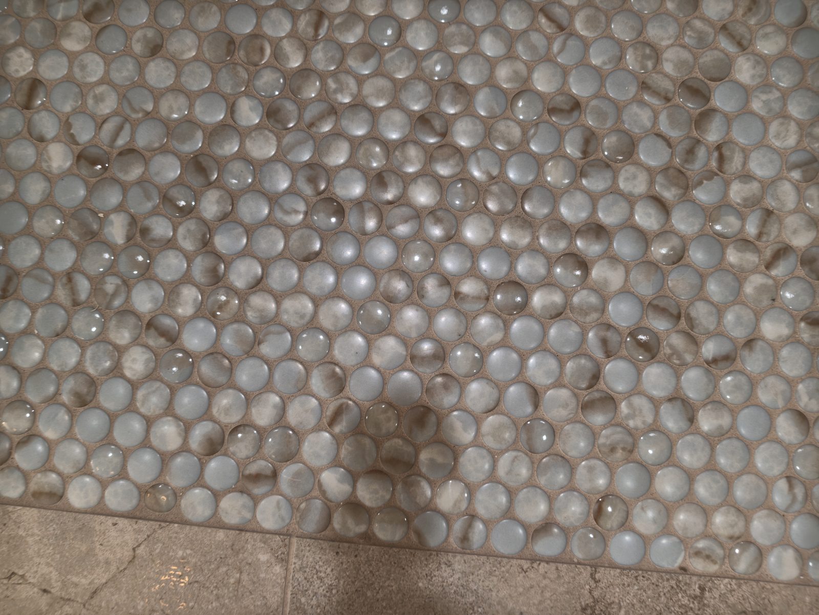 Penny round mosaic shower floor in grey and white mix Noblesville IN