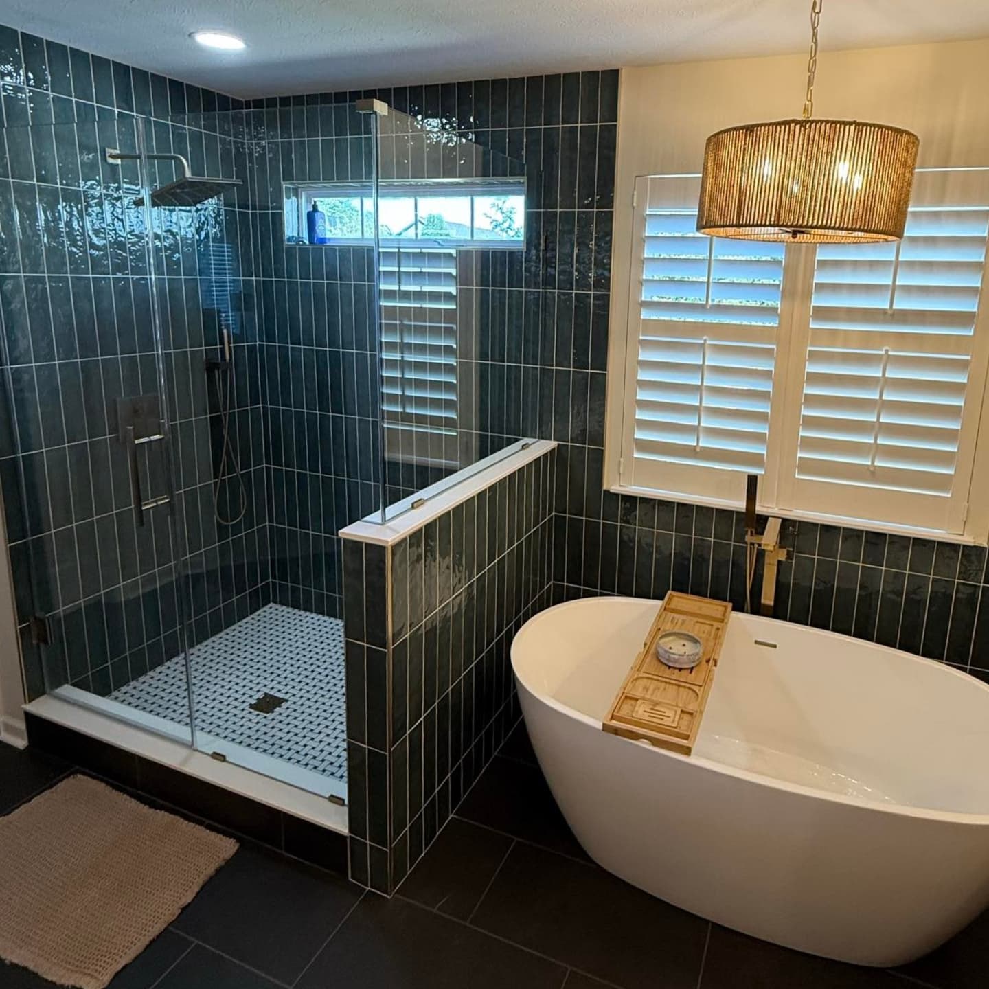 Custom green tile bathroom in Carmel Indiana