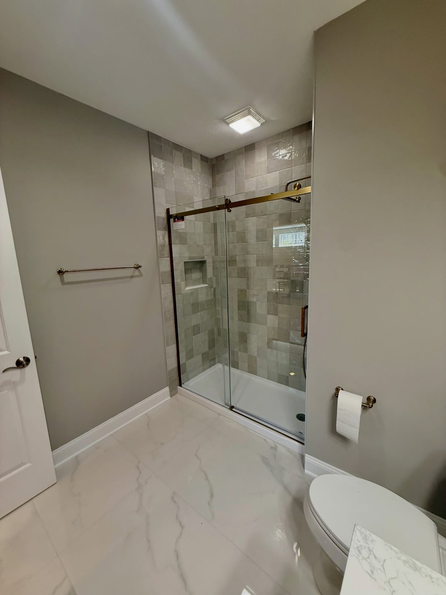 Transitional design basement bathroom remodel Carmel Indiana
