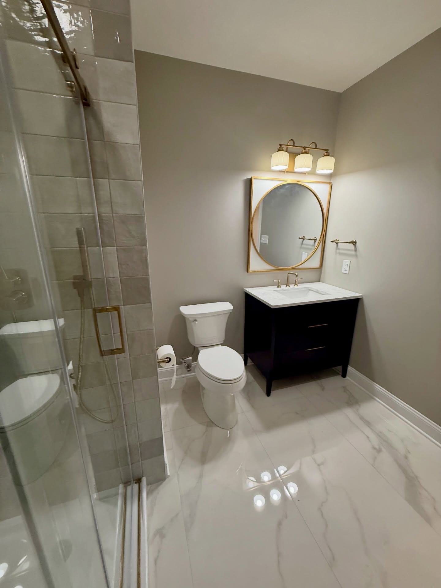 Completed basement bathroom renovation Carmel IN