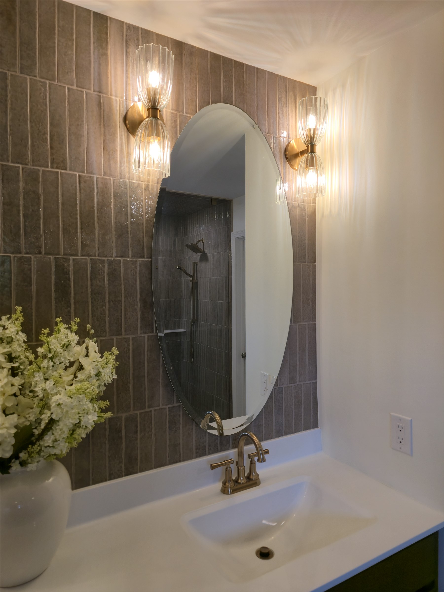Double vanity with full tile splash Fishers IN wet room