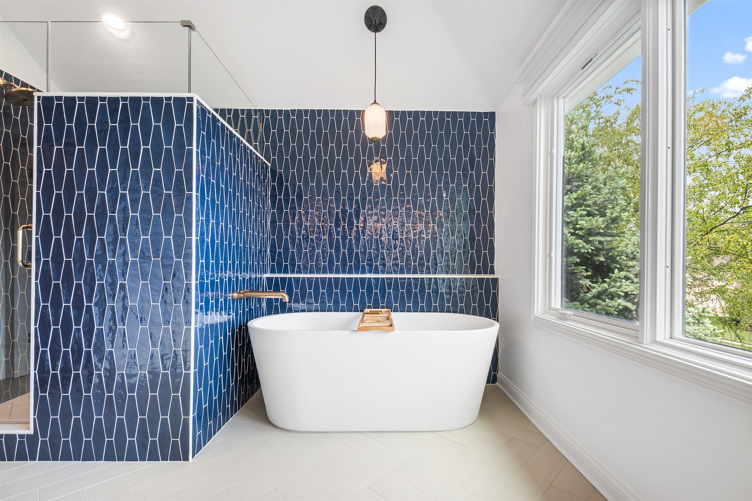 Blue tile bathroom remodel Geist Fishers IN