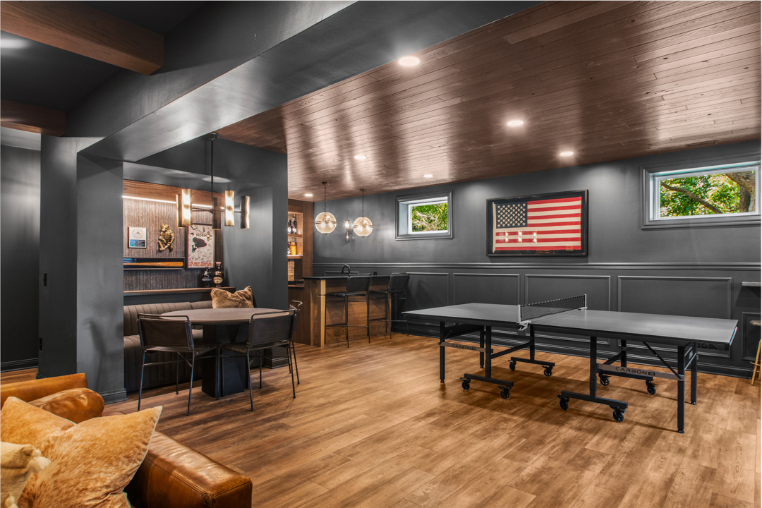 Basement entertainment area with wood ceiling Westfield IN