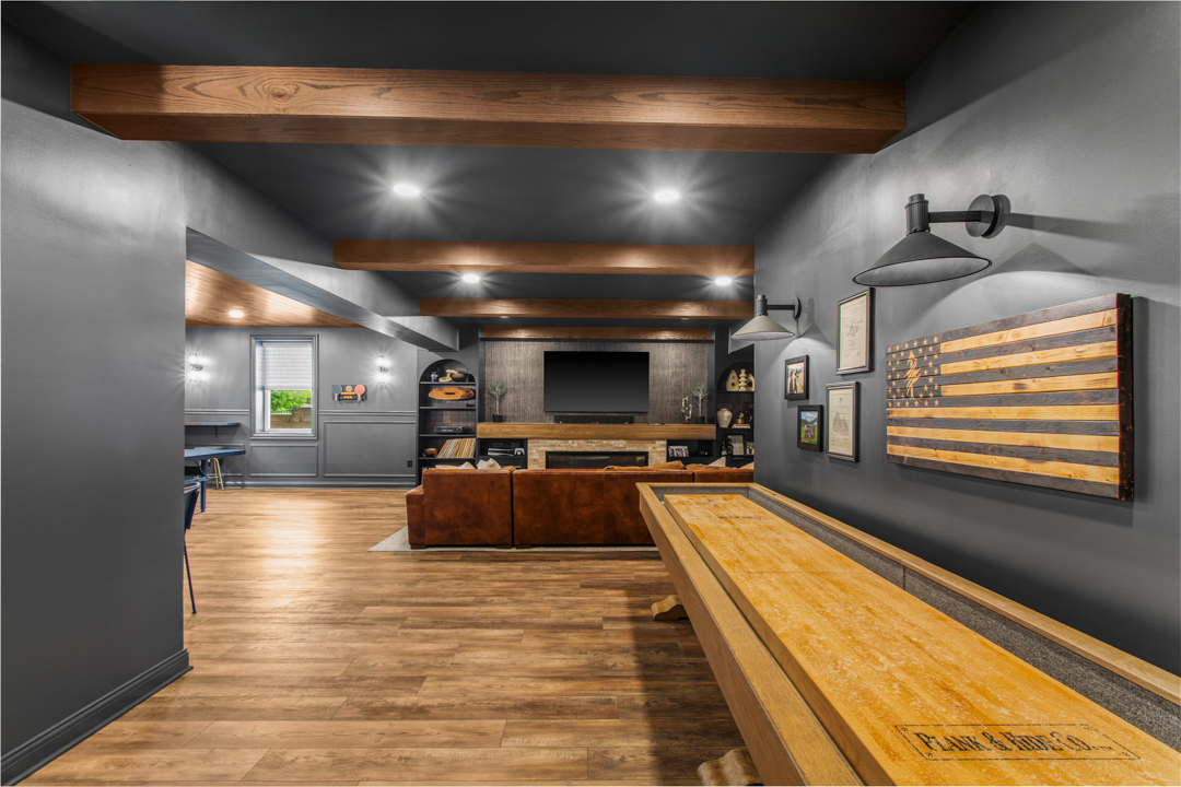 Custom bar with porcelain brick backsplash Westfield IN basement
