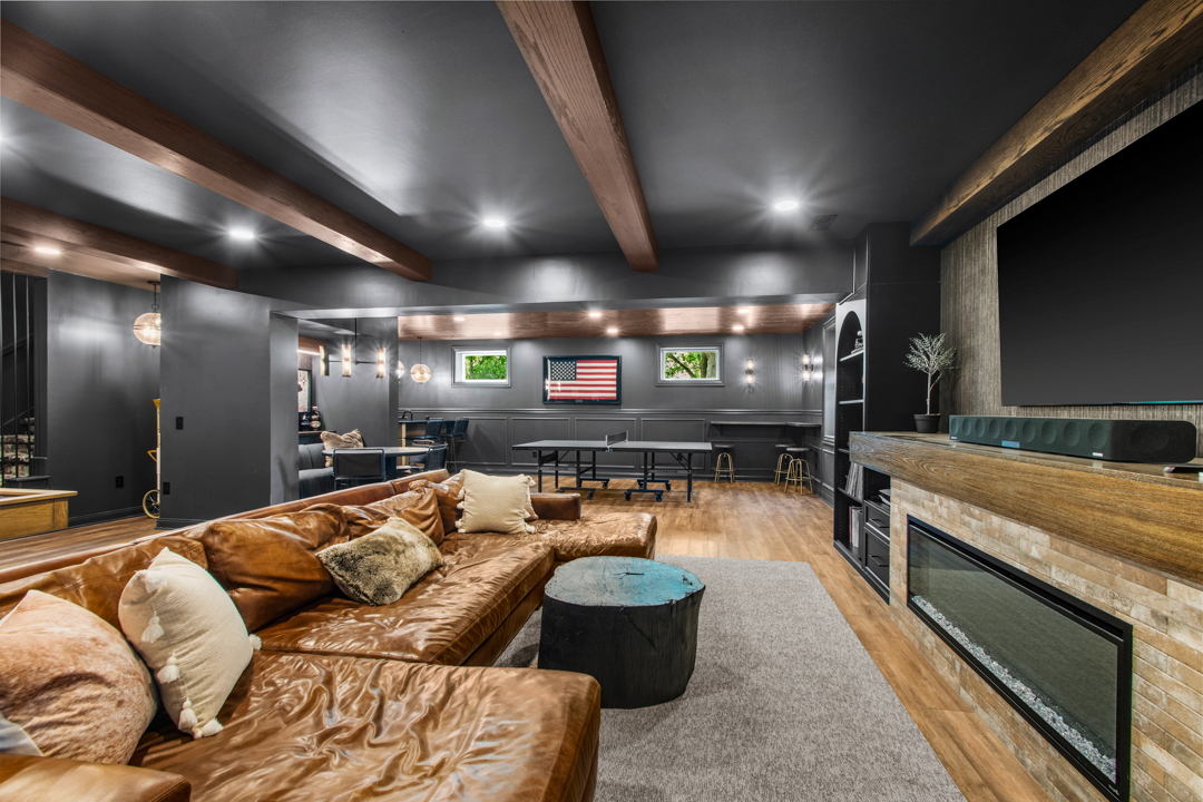 Basement bar build-out with LED shelving Westfield Indiana