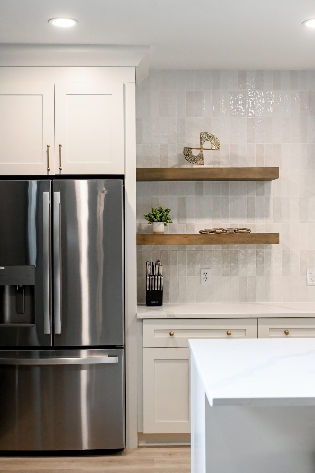 Full height refrigerator built into basement bar cabinetry Westfield IN
