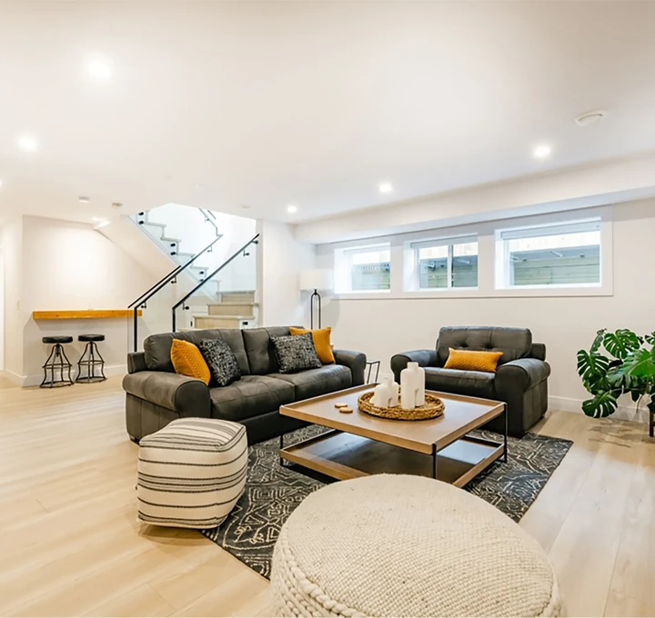 basement renovated, modern refinishing, light